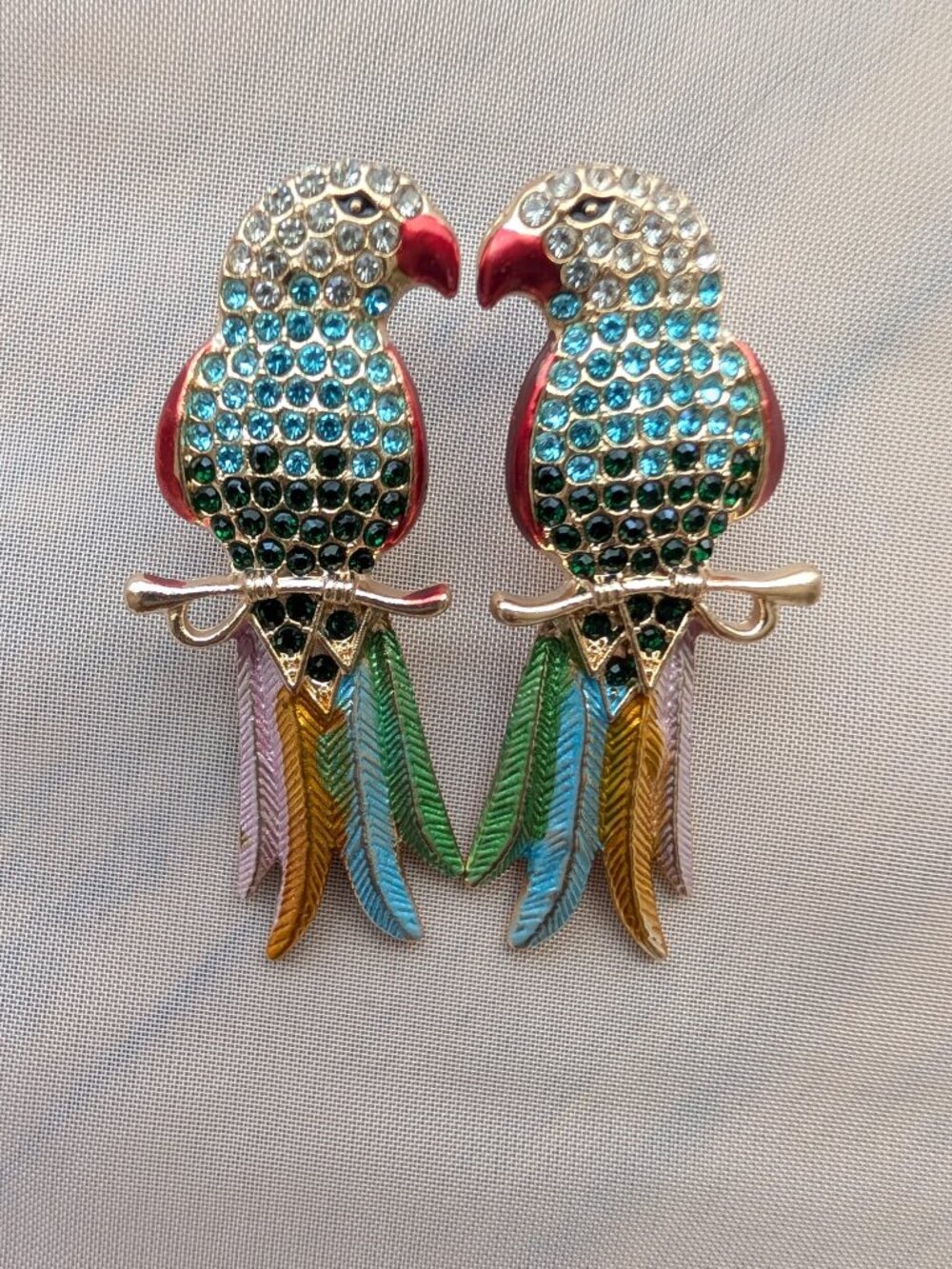 Colorful Parrot Statement Earrings | Gold Tone Rhinestone Tropical Glam